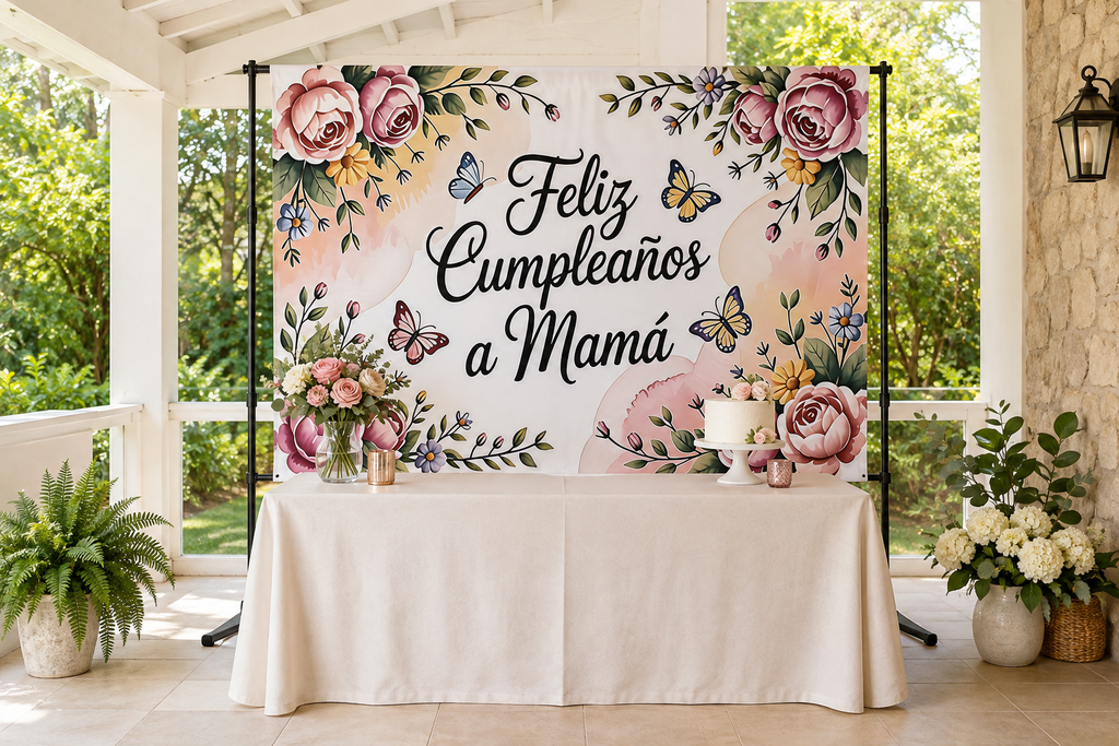 Spanish Birthday for Mom Floral Backdrop in event studio