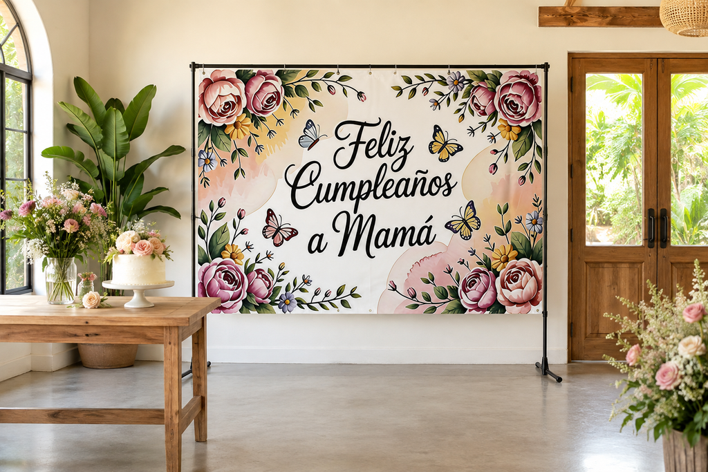 Spanish Birthday for Mom Floral Backdrop in alternate room setting