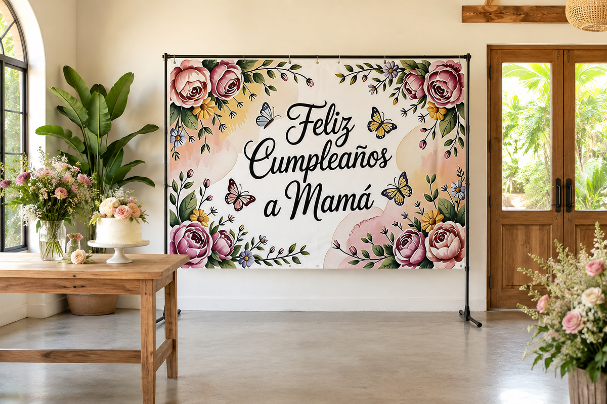 Spanish Birthday for Mom Floral Backdrop in alternate room setting