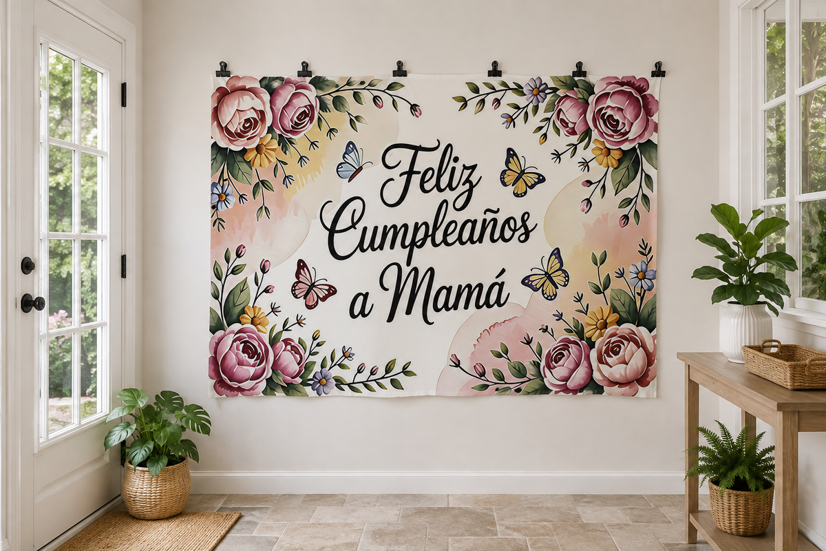 Spanish Birthday for Mom Floral Backdrop clipped directly to wall
