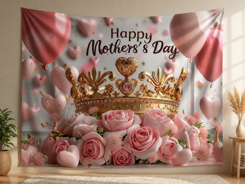 Pink Rose Crown Mother's Day Backdrop shown as a hanging polyester backdrop