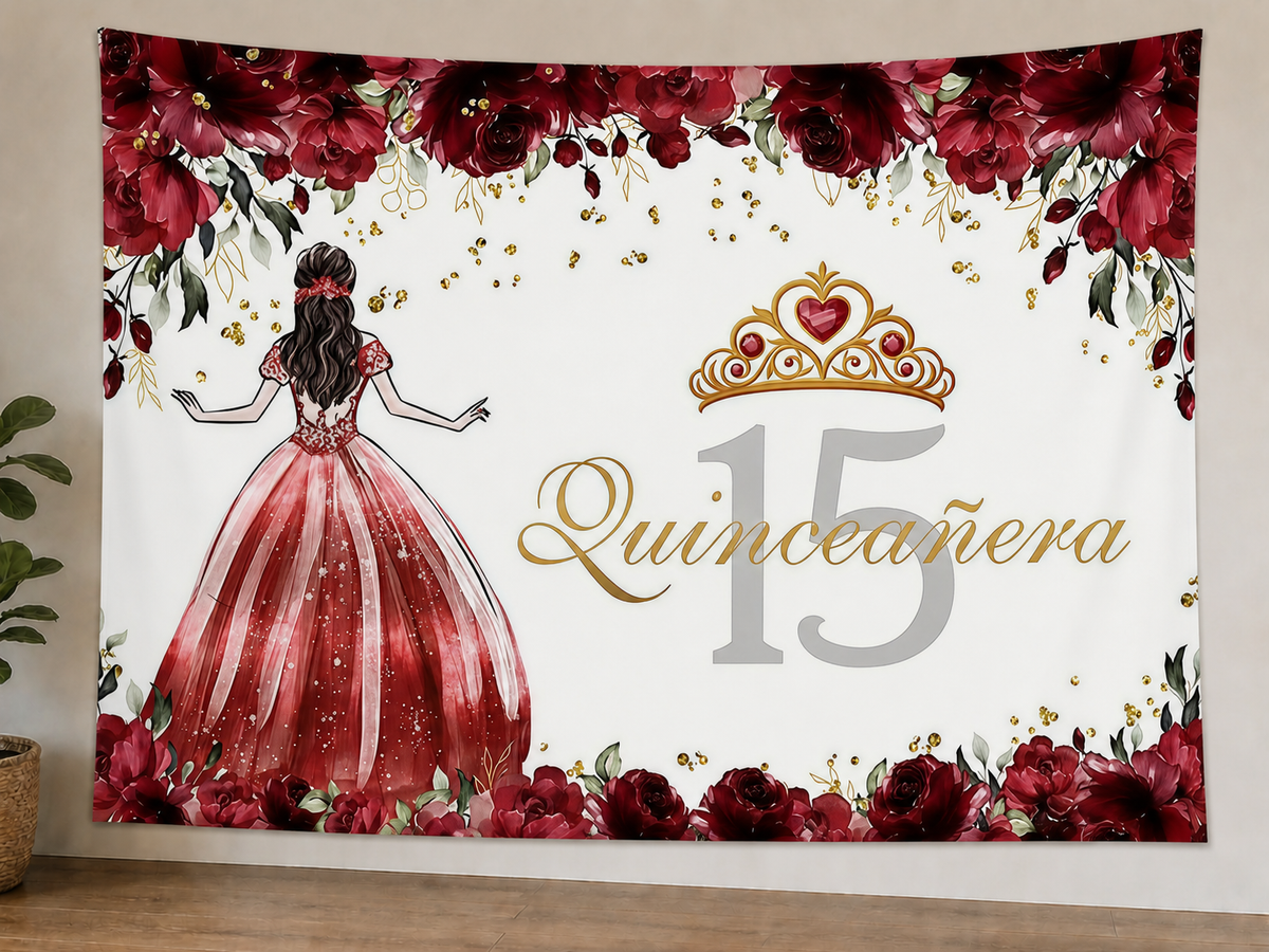 Red Floral Quinceañera 15 Backdrop styled scene 1