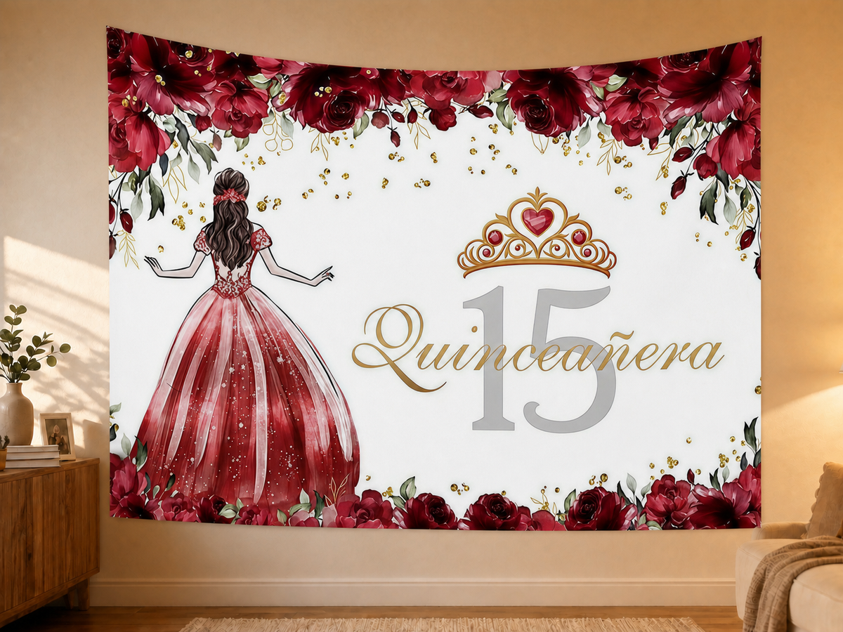 Red Floral Quinceañera 15 Backdrop styled scene 2