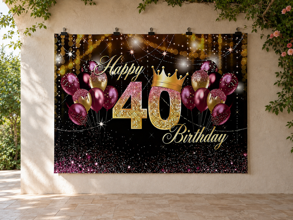 Purple and Gold Crown 40th Birthday Backdrop — temporary dry outdoor wall-clip display; accessories not included