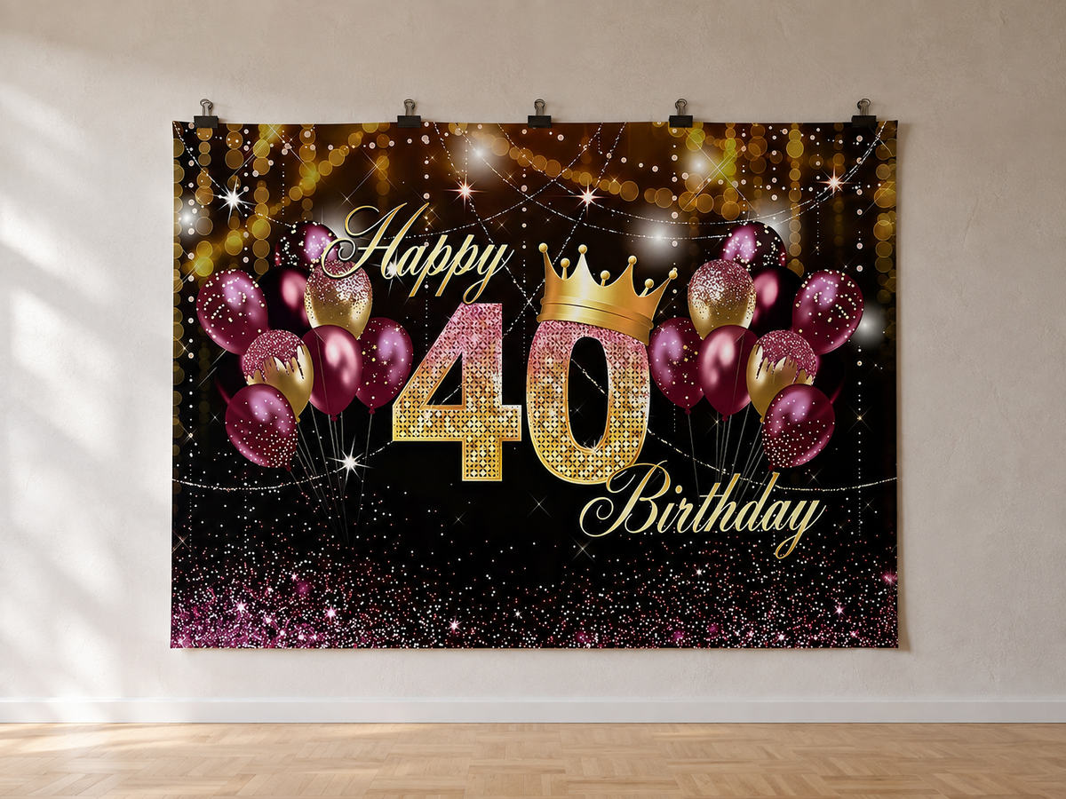 Purple and Gold Crown 40th Birthday Backdrop — indoor wall-clip display; accessories not included