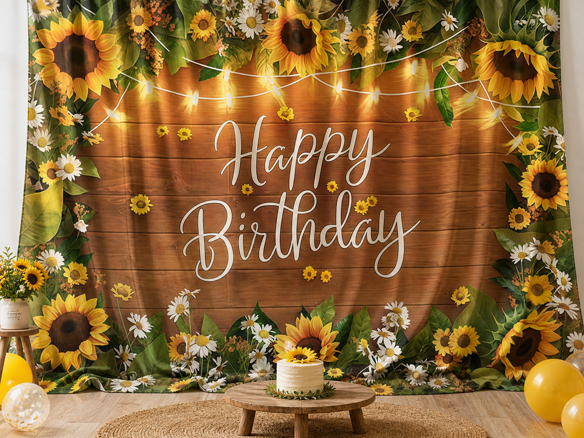 Happy Birthday Sunflower Rustic Wood fabric photography backdrop scene 1