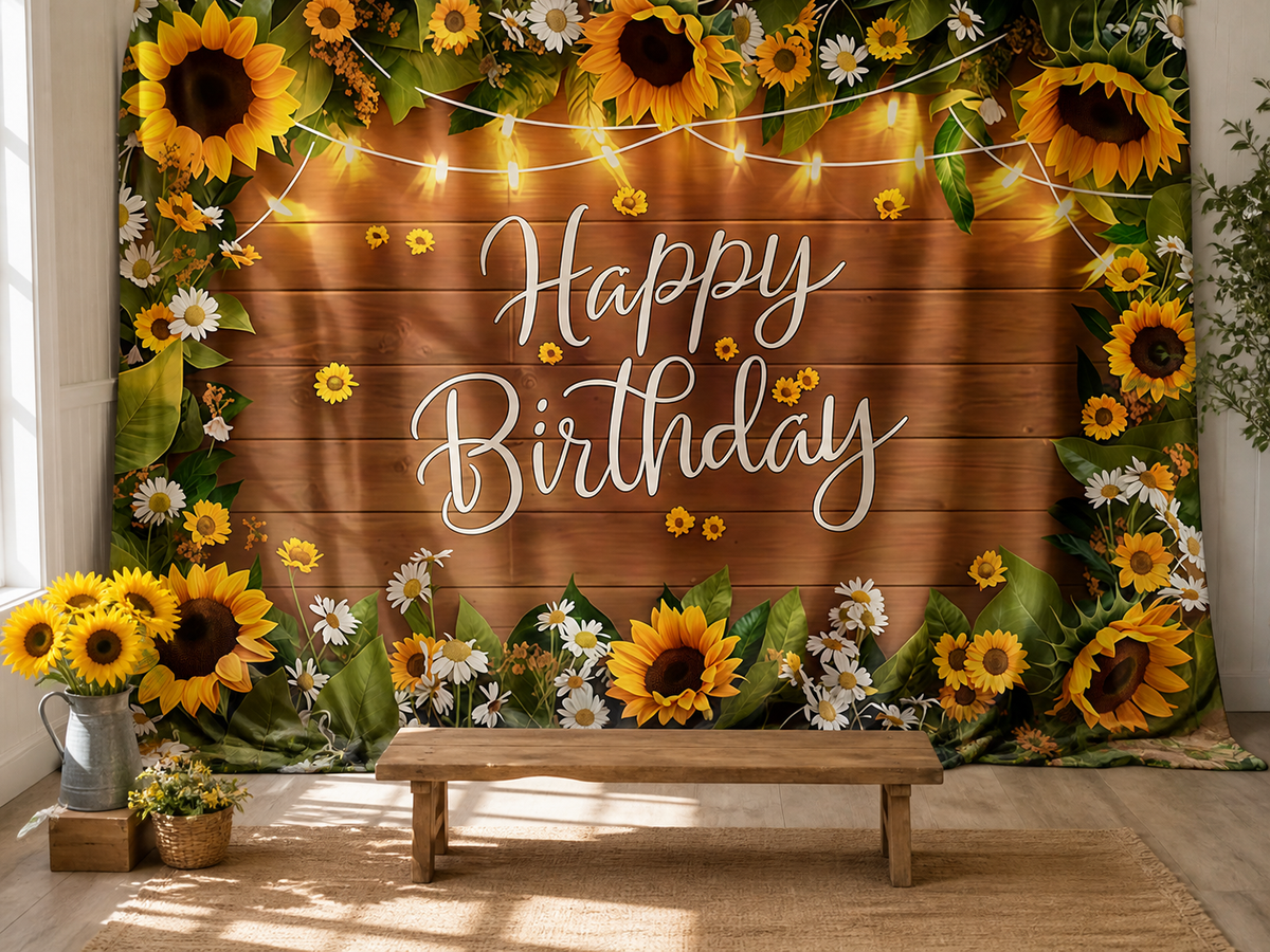 Happy Birthday Sunflower Rustic Wood fabric photography backdrop scene 2