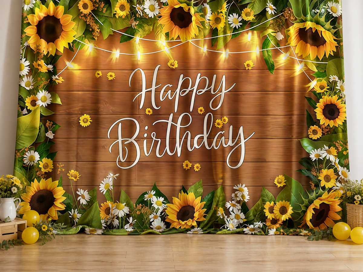 Happy Birthday Sunflower Rustic Wood fabric photography backdrop scene 3