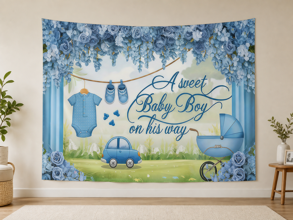 Blue Floral Baby Boy Shower Backdrop application scene 1