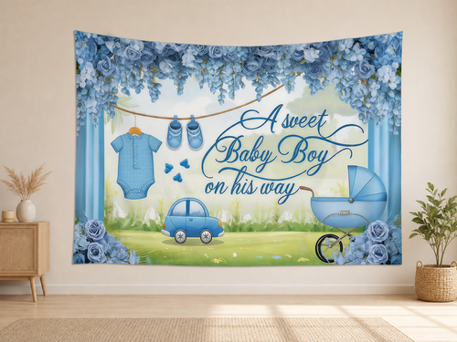 Blue Floral Baby Boy Shower Backdrop application scene 2