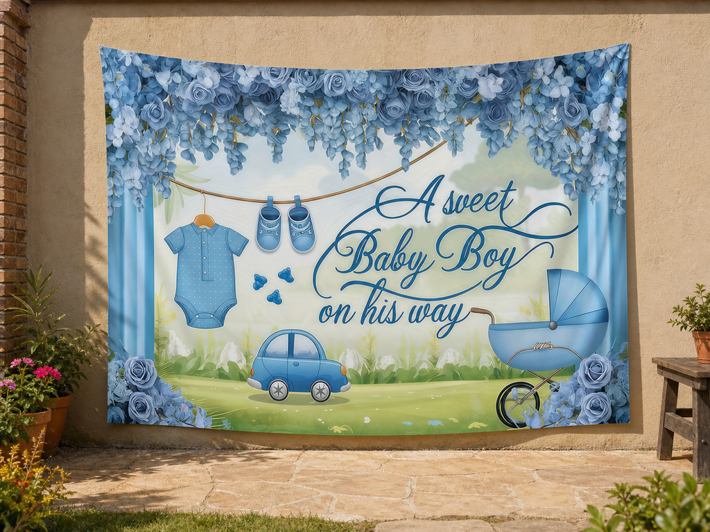 Blue Floral Baby Boy Shower Backdrop application scene 3