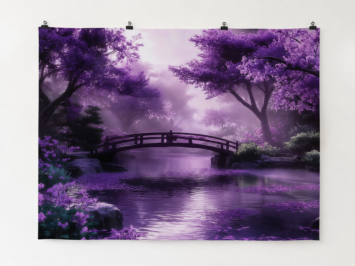Purple Woodland Bridge and Stream Printed Backdrop — complete flat printed design; accessories not included