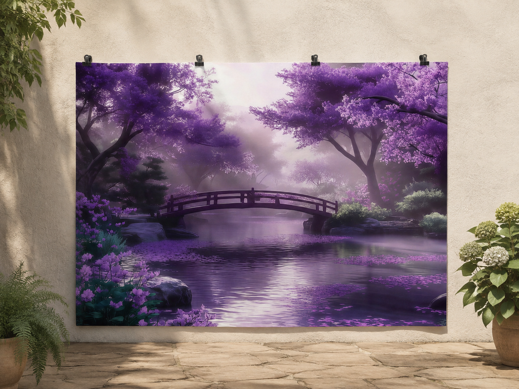 Purple Woodland Bridge and Stream Printed Backdrop — temporary dry outdoor wall-clip display; accessories not included