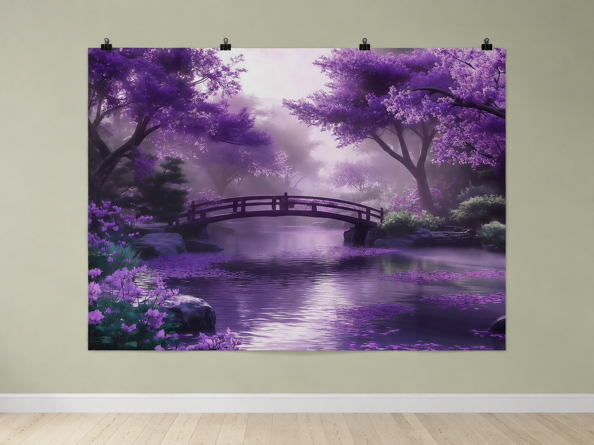 Purple Woodland Bridge and Stream Printed Backdrop — indoor wall-clip display; accessories not included