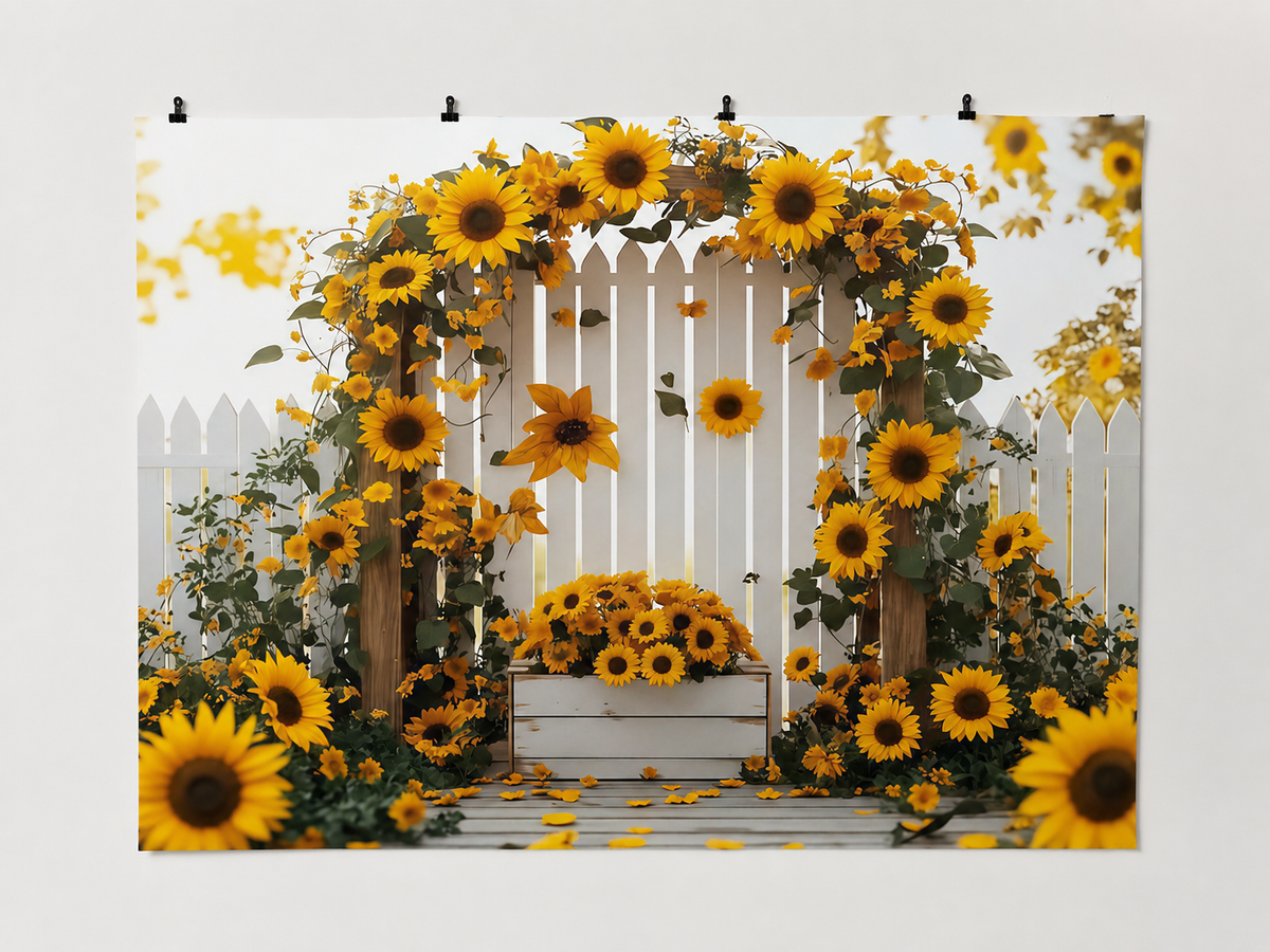 Sunflower Arch and White Garden Gate Backdrop — complete flat printed design; accessories not included