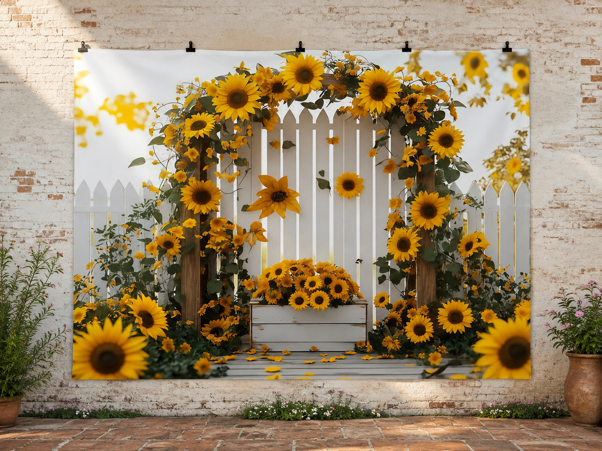 Sunflower Arch and White Garden Gate Backdrop — temporary dry outdoor wall-clip display; accessories not included