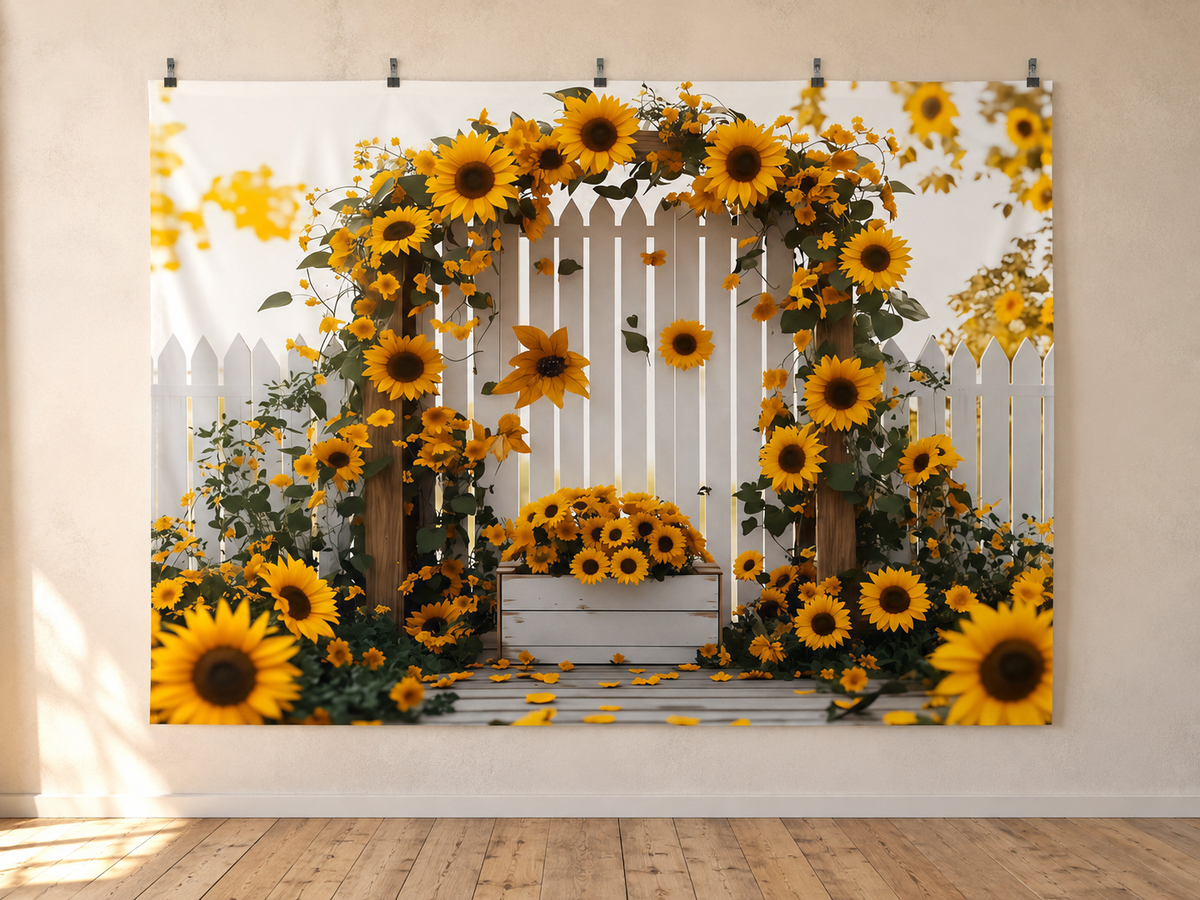 Sunflower Arch and White Garden Gate Backdrop — indoor wall-clip display; accessories not included