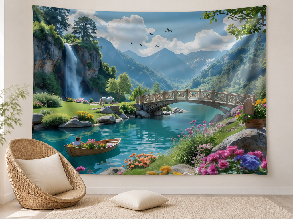 Dreamy waterfall lake landscape tapestry reading nook scene
