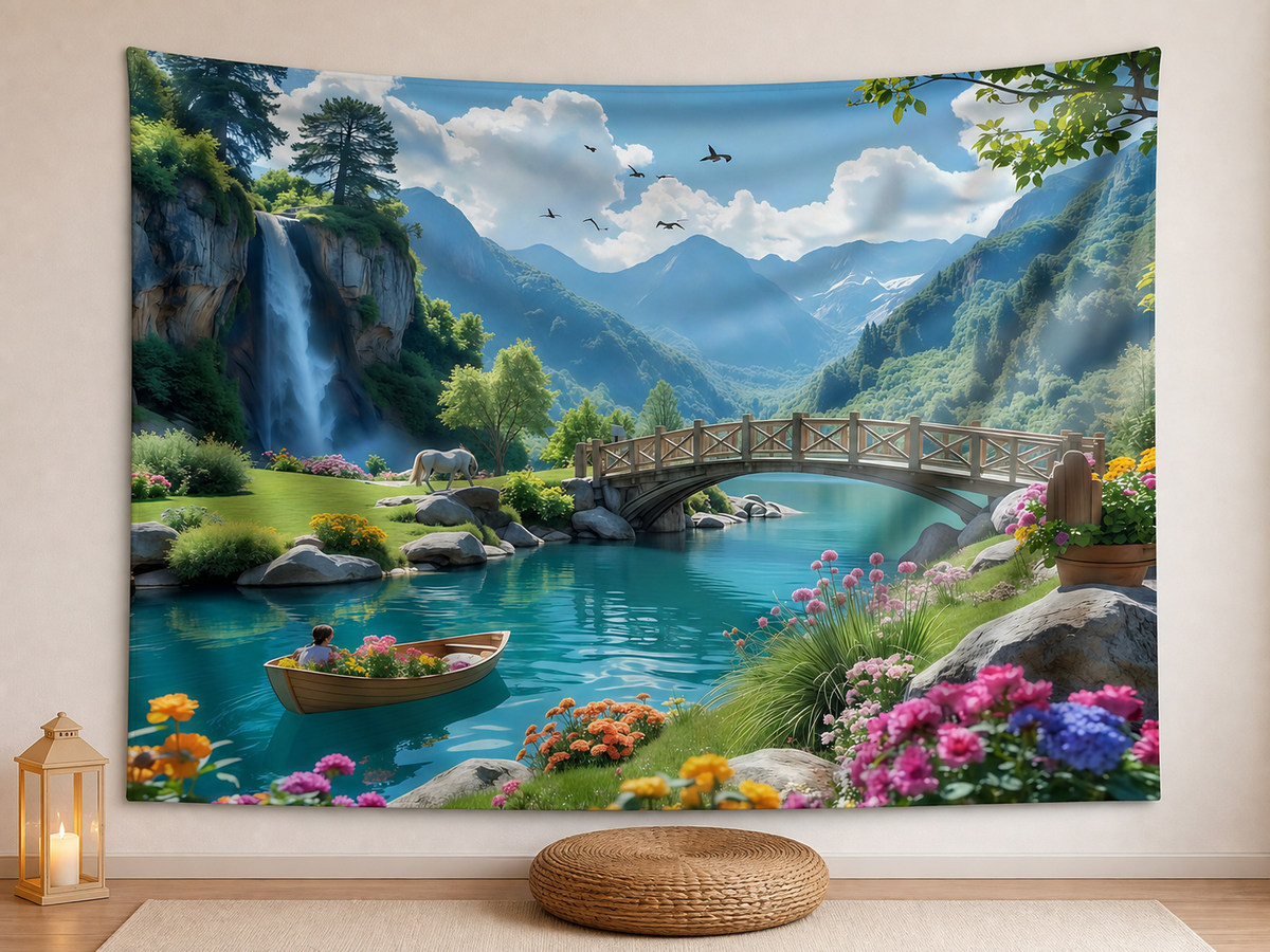 Dreamy waterfall lake landscape tapestry meditation scene