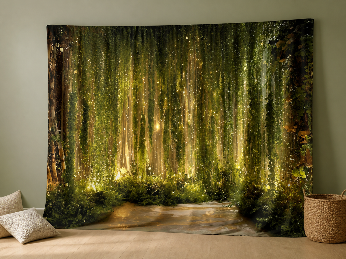 Enchanted glowing green forest photography backdrop in a woodland birthday scene