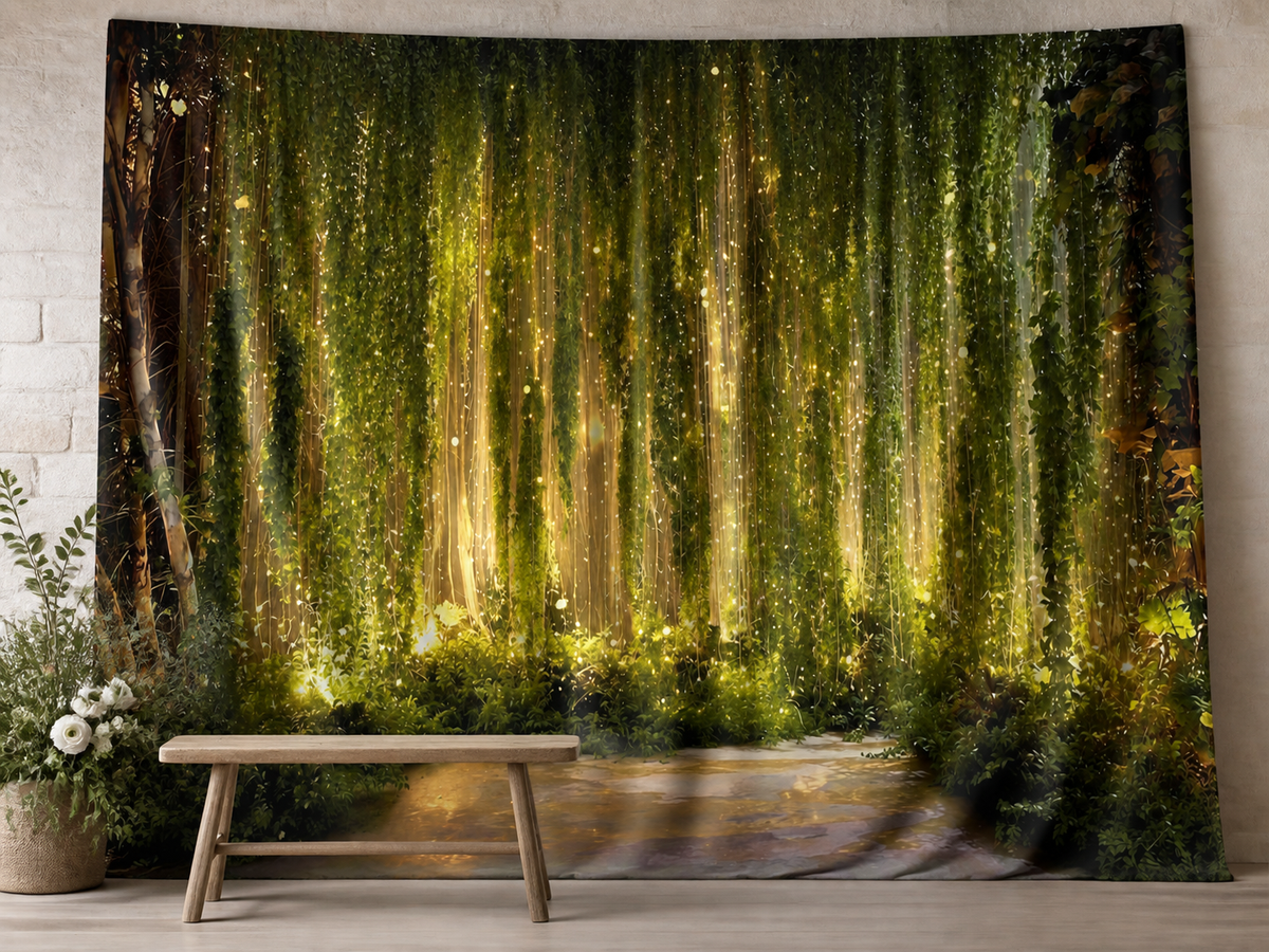 Enchanted glowing green forest photography backdrop in a woodland wedding scene