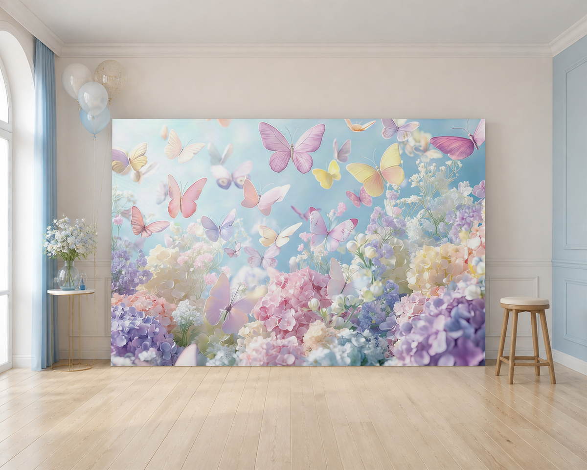 Pastel Hydrangea and Butterflies Backdrop scene 1
