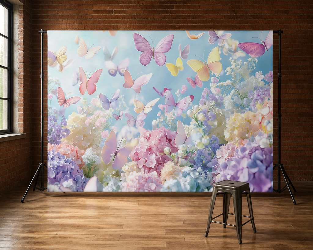 Pastel Hydrangea and Butterflies Backdrop scene 2