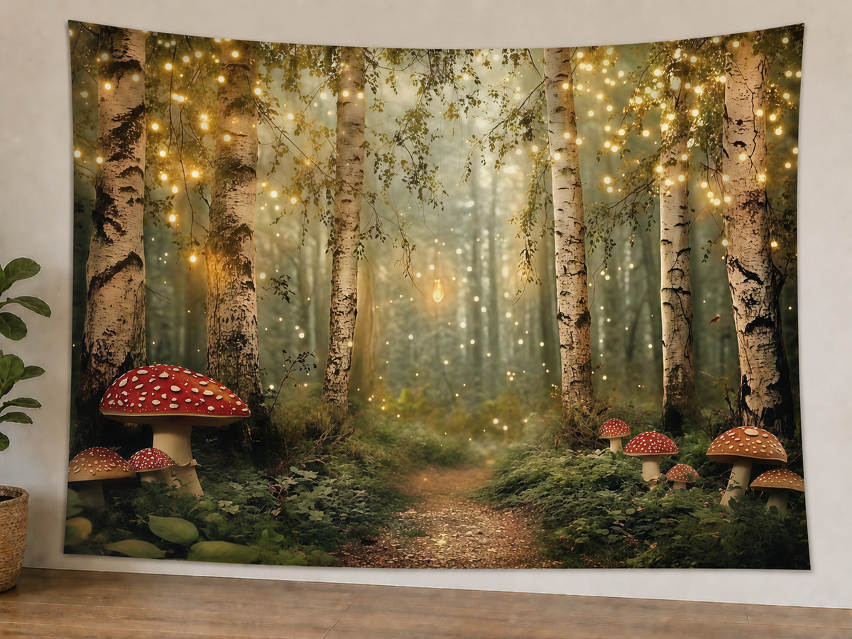 Enchanted Mushroom Forest Backdrop displayed on a lightweight polyester backdrop