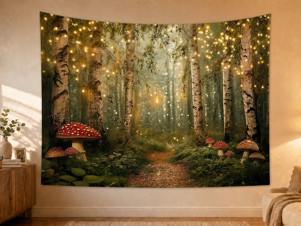 Enchanted Mushroom Forest Backdrop in a realistic home wall setting