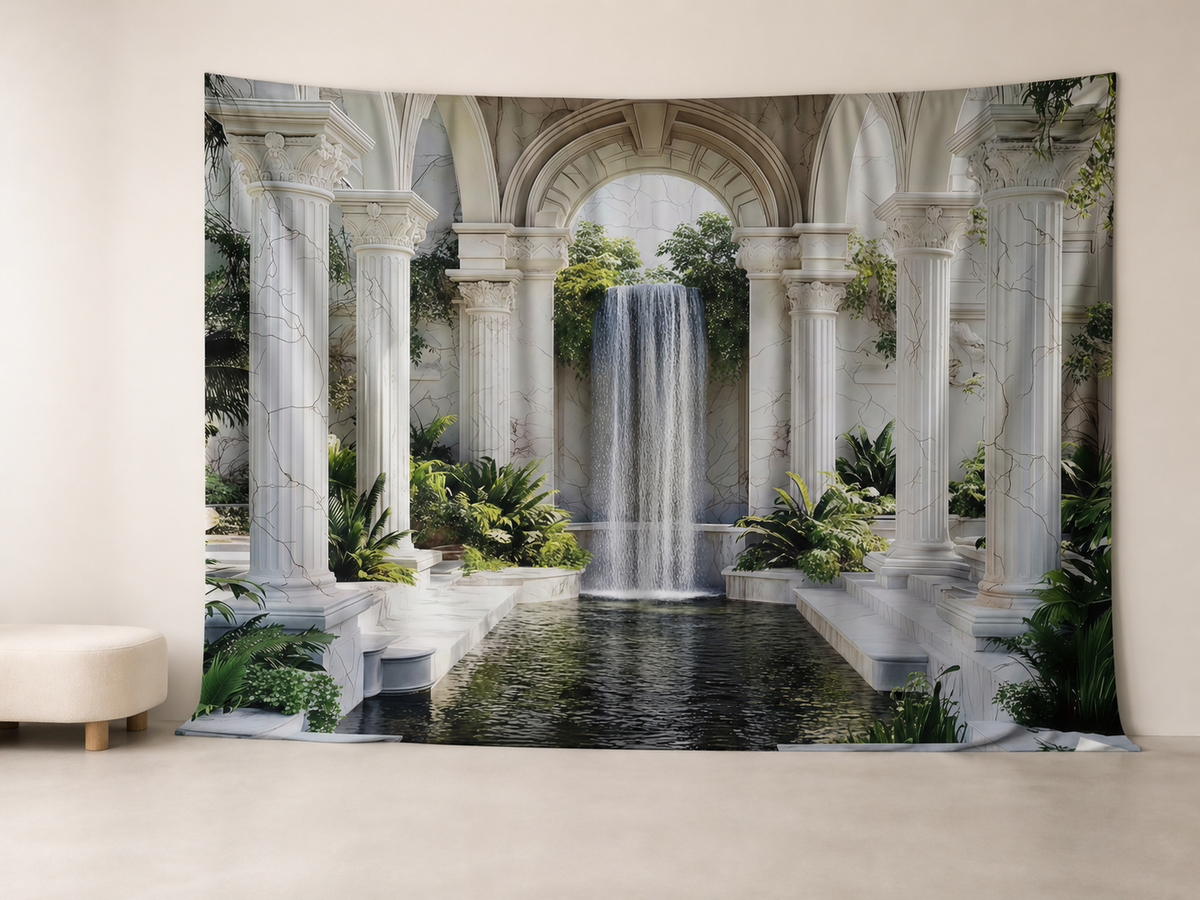 Roman columns garden waterfall fabric backdrop with visible edges