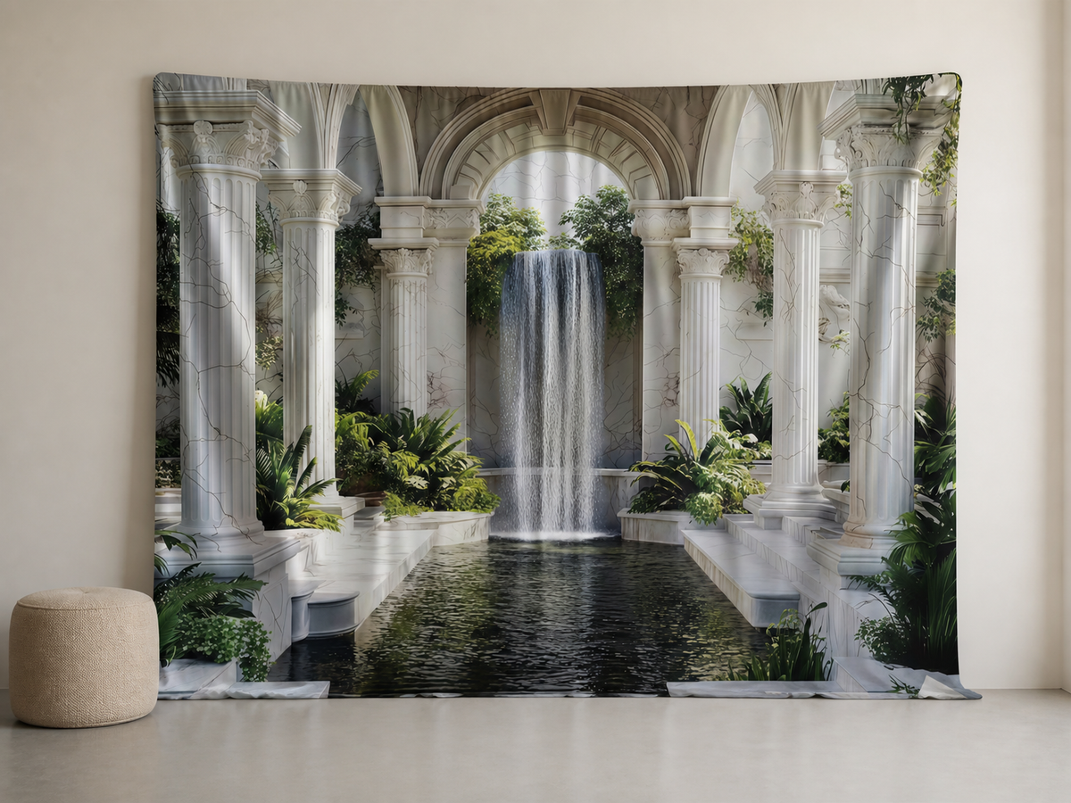 Indoor scenic courtyard photography backdrop with natural folds