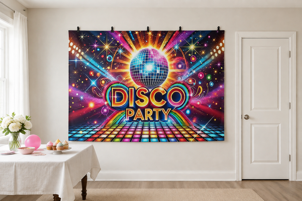 Colorful Disco Party Backdrop clipped directly to wall
