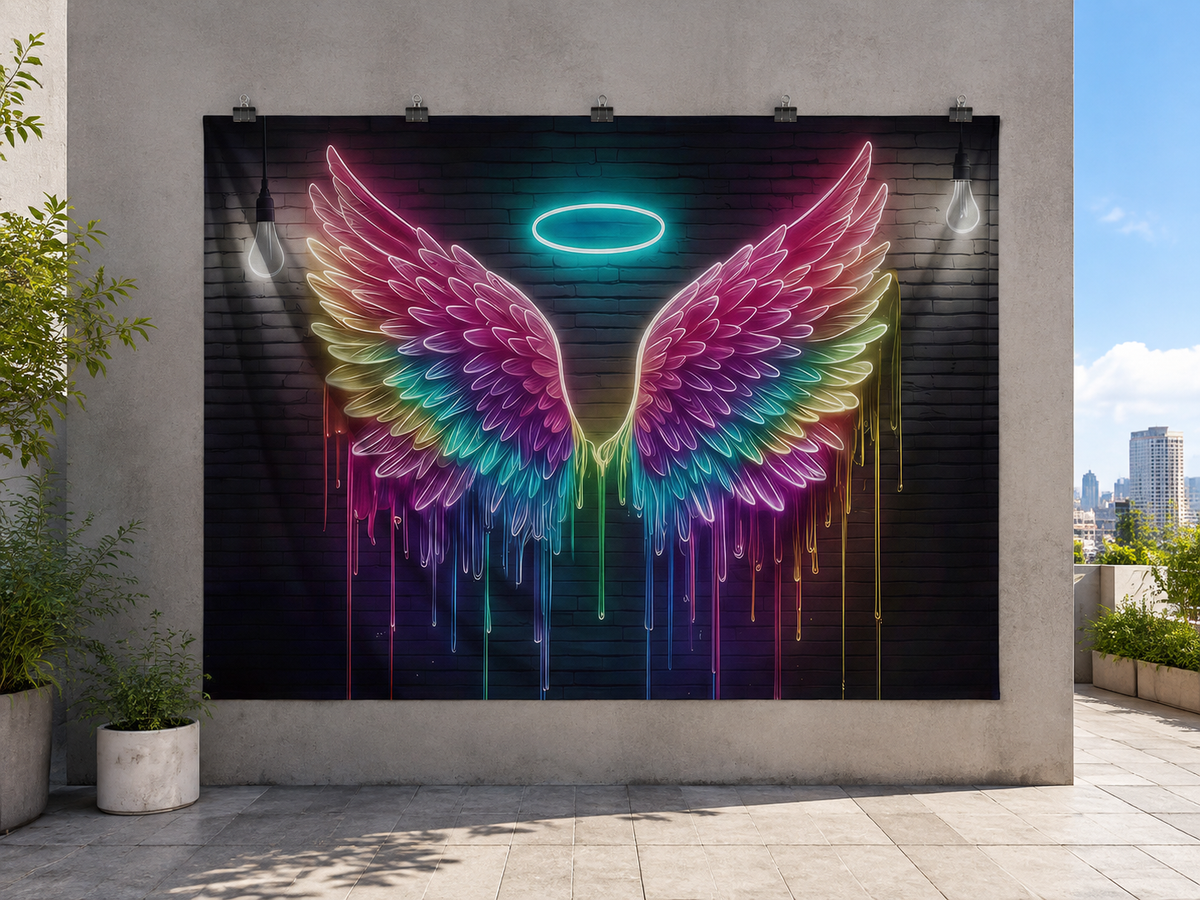 Rainbow Neon Angel Wings Printed Backdrop — temporary dry outdoor wall-clip display; accessories not included
