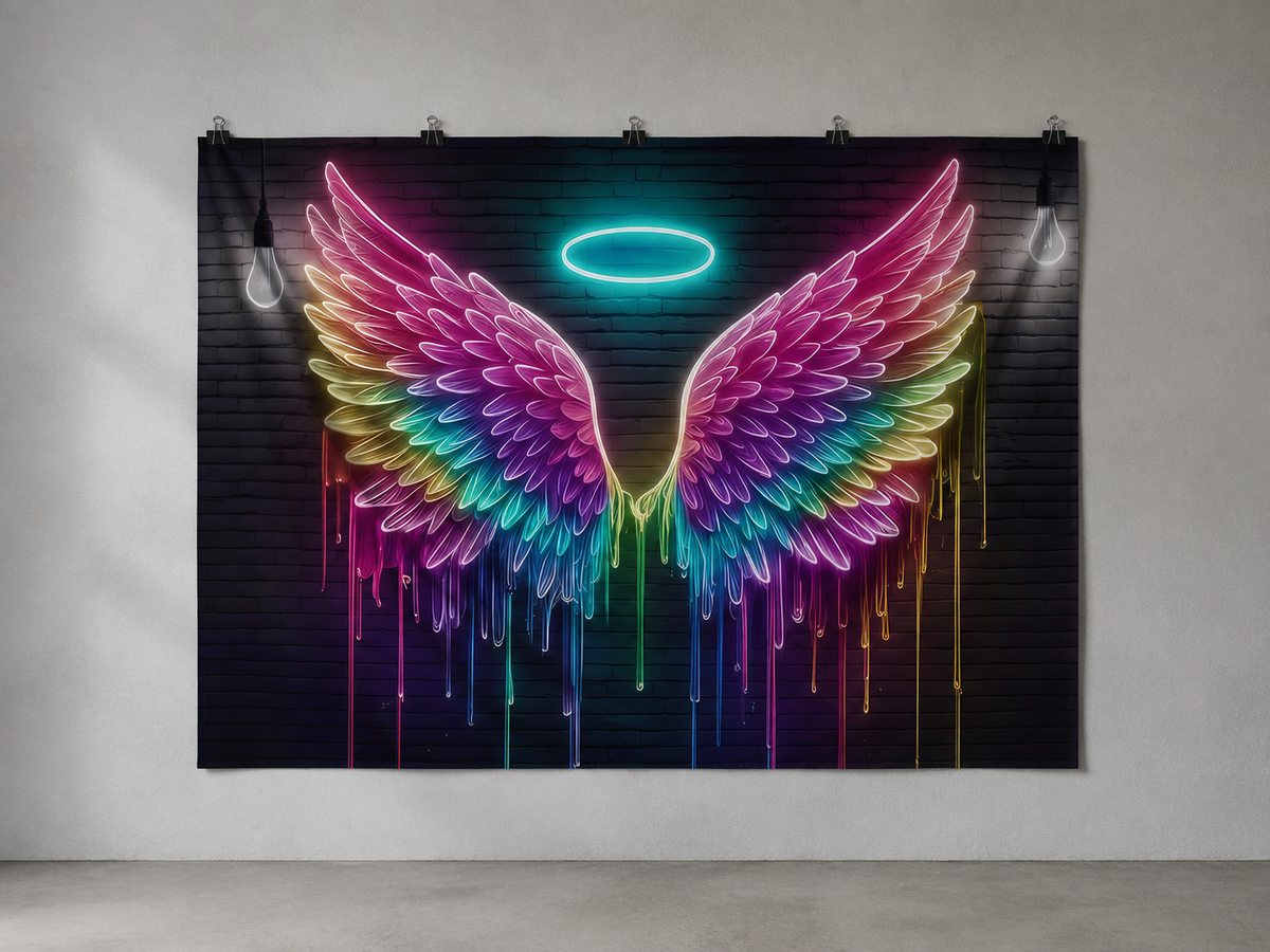 Rainbow Neon Angel Wings Printed Backdrop — indoor wall-clip display; accessories not included