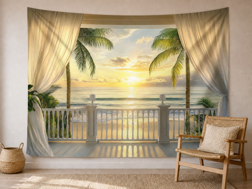 Seaside Sunset Palm Tree Photography Backdrop coastal reading-nook display