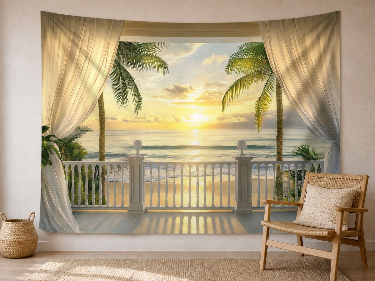 Seaside Sunset Palm Tree Photography Backdrop coastal reading-nook display