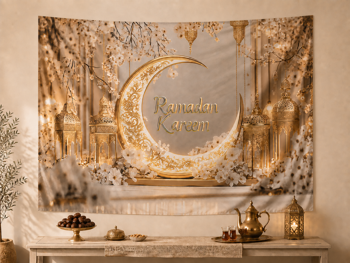 Ramadan Kareem Moon Lantern Floral Backdrop iftar display