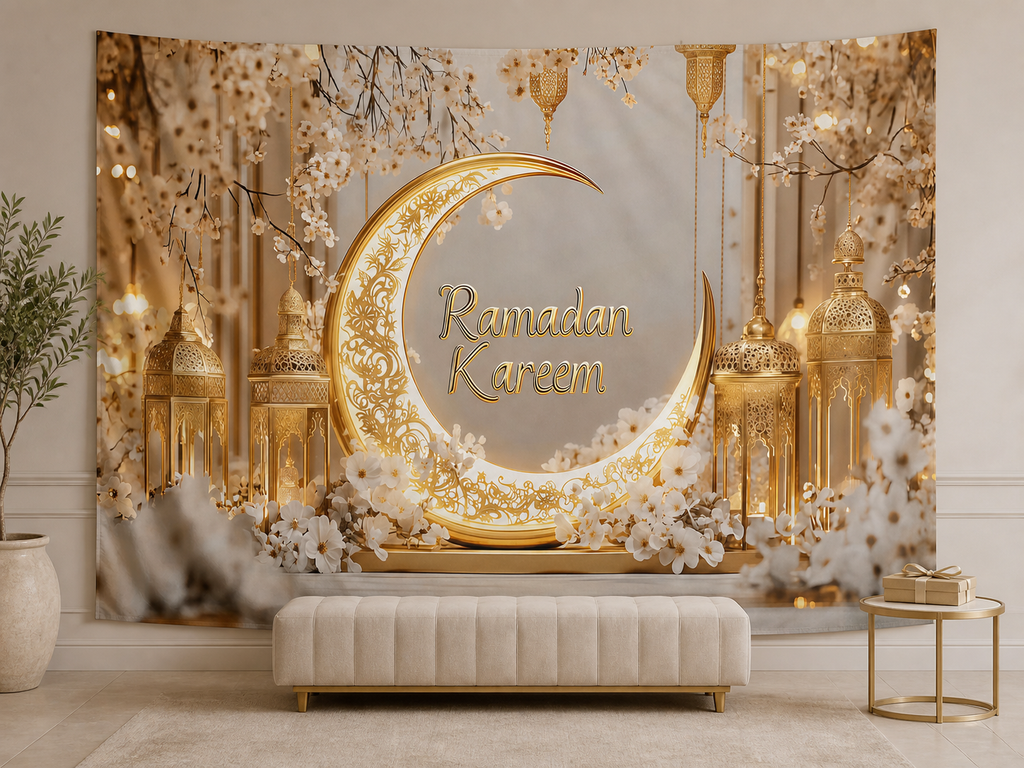 Ramadan Kareem Moon Lantern Floral Backdrop welcome hall