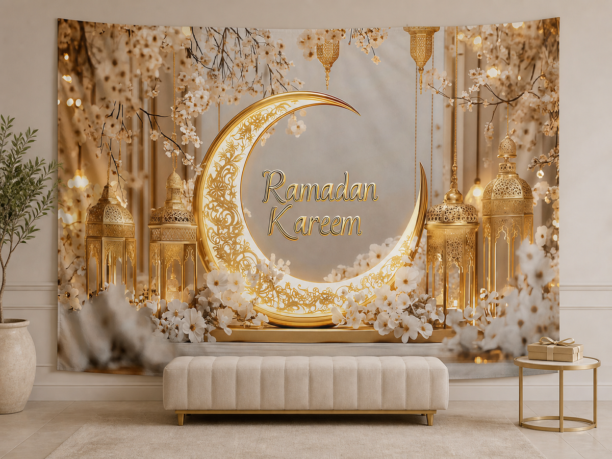 Ramadan Kareem Moon Lantern Floral Backdrop welcome hall