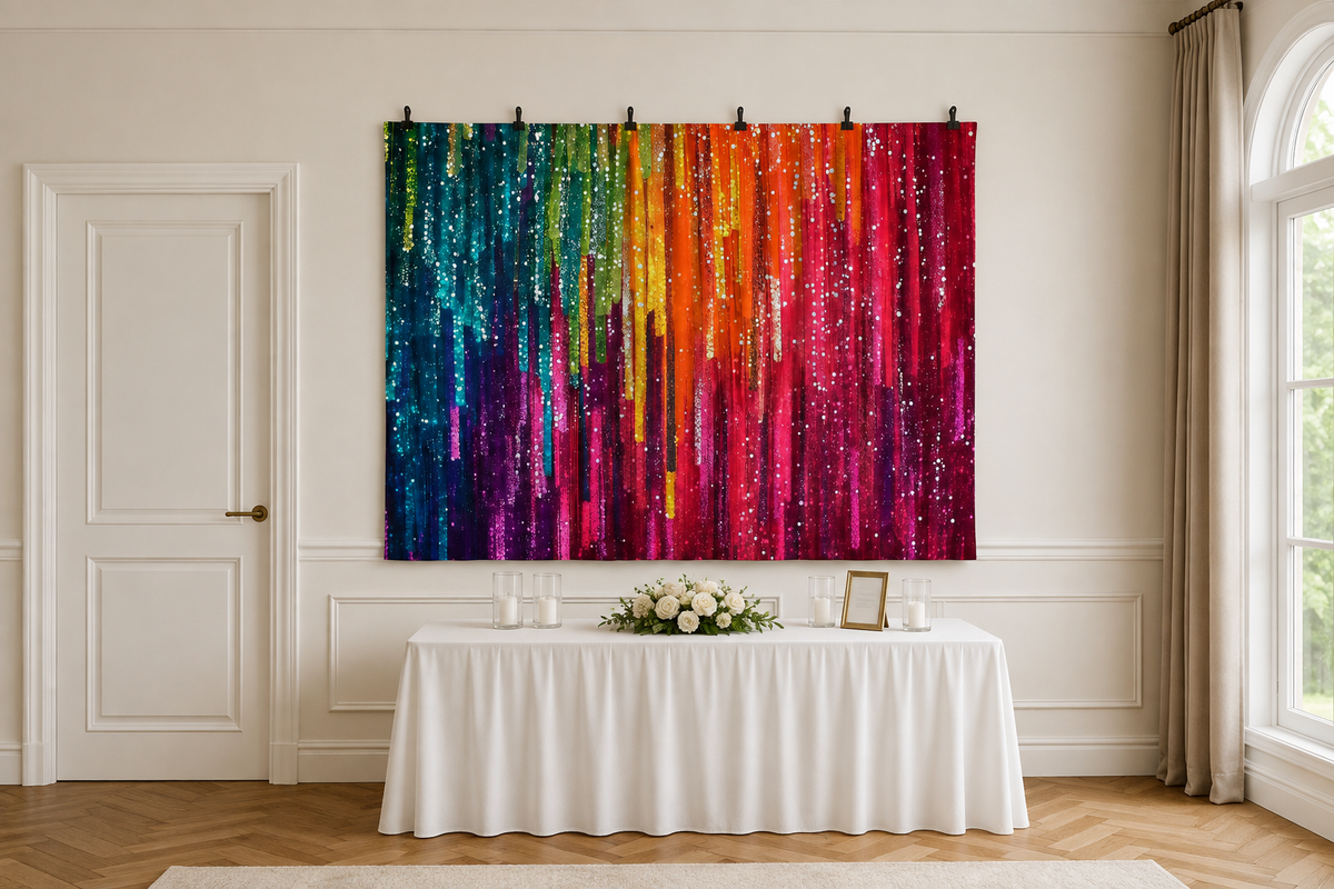 Rainbow Sequin Drip Backdrop clipped directly to wall