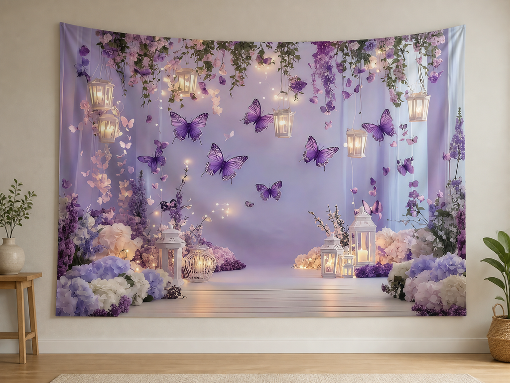 Purple Butterfly Floral Birthday Backdrop indoor application scene