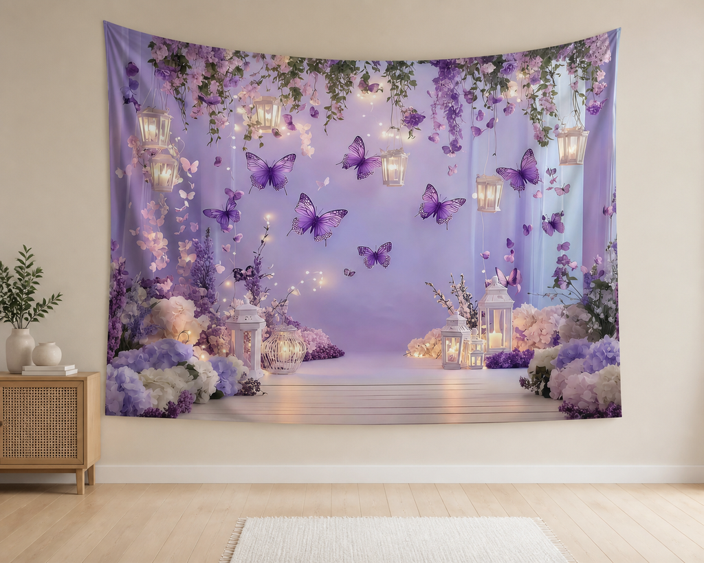 Purple Butterfly Floral Birthday Backdrop indoor application scene