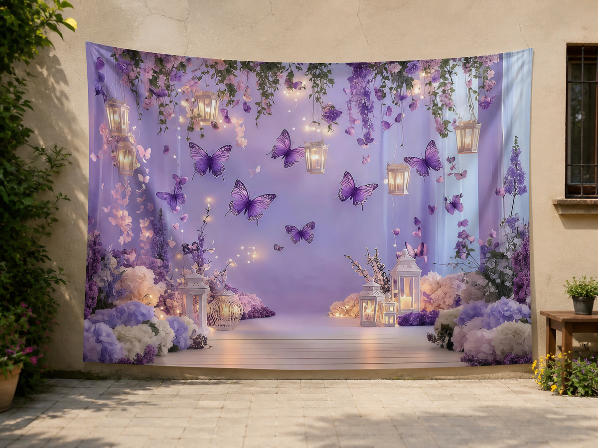 Purple Butterfly Floral Birthday Backdrop garden application scene