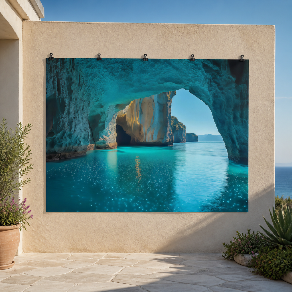 Turquoise Sea Cave and Ocean View Printed Backdrop — temporary dry outdoor wall-clip display; accessories not included
