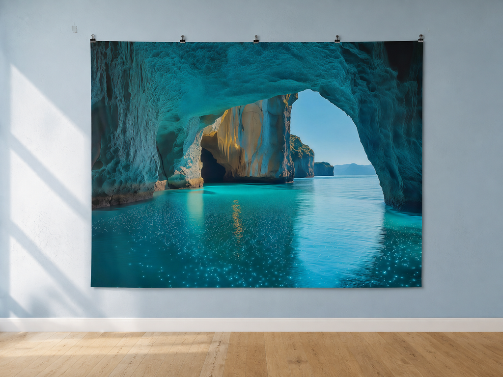 Turquoise Sea Cave and Ocean View Printed Backdrop — indoor wall-clip display; accessories not included