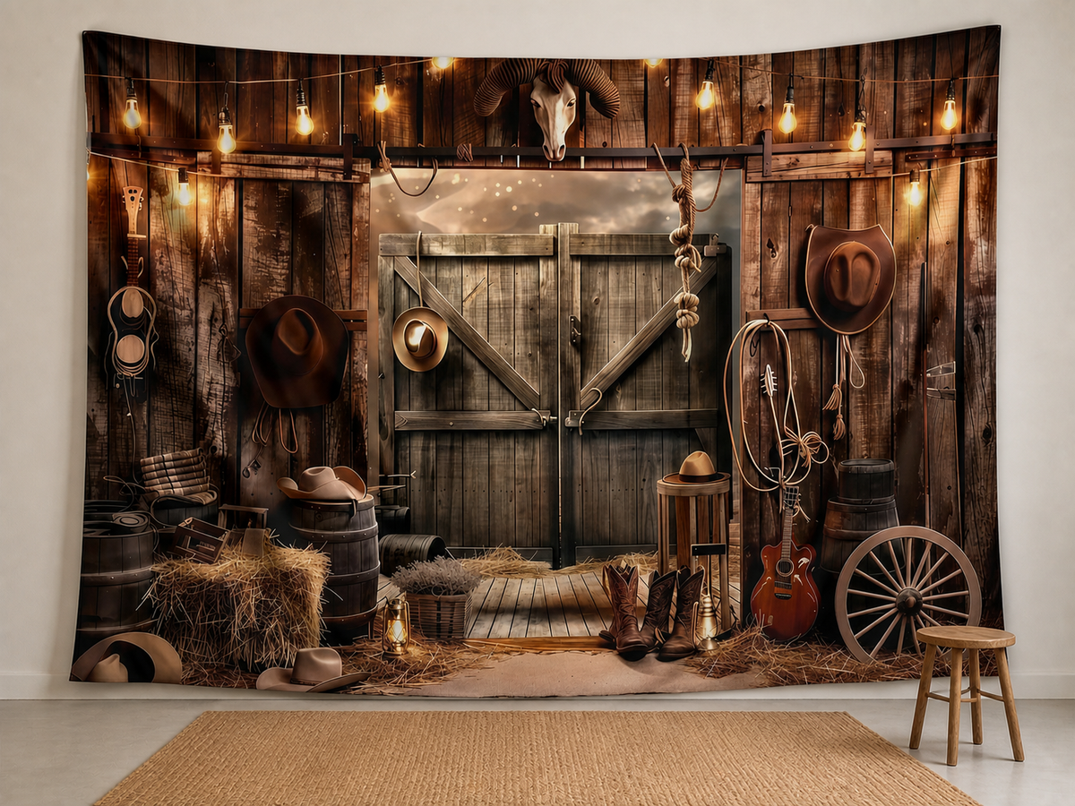 Rustic western cowboy barn polyester backdrop in portrait setting