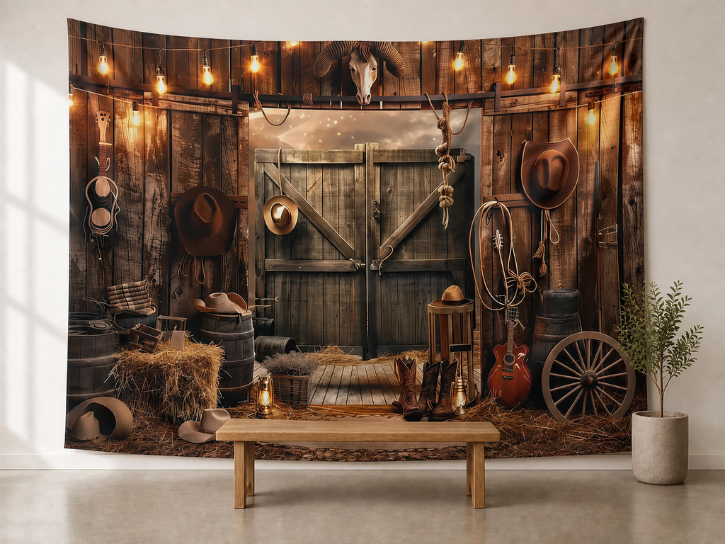 Rustic western cowboy barn polyester backdrop in event setting