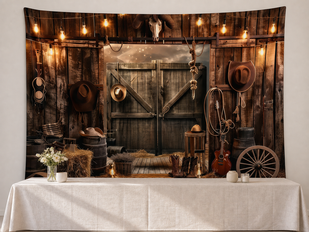 Rustic western cowboy barn polyester backdrop with dessert table