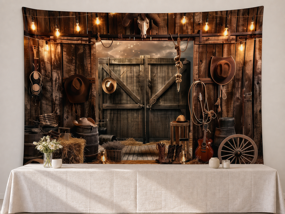 Rustic western cowboy barn polyester backdrop with dessert table