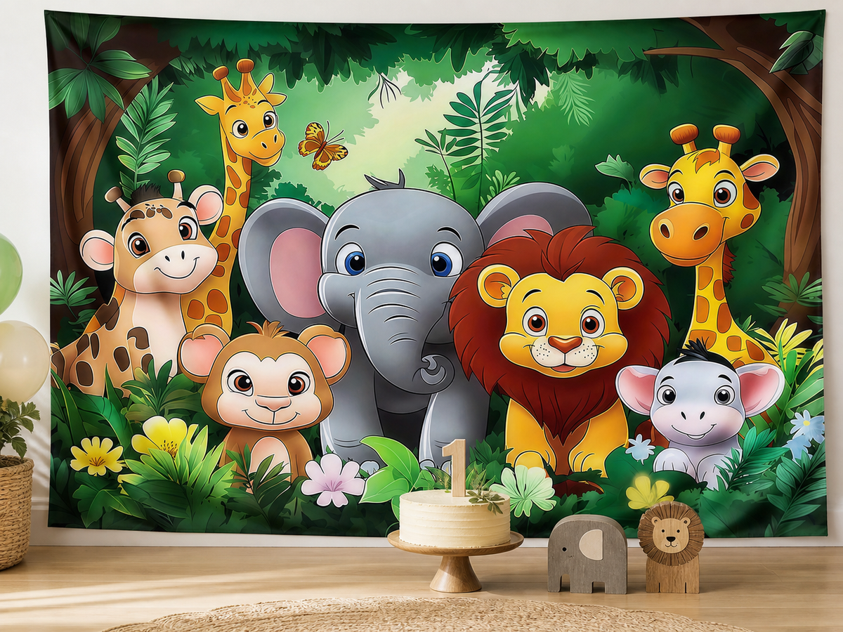 Cartoon Forest Animals Birthday Backdrop first-birthday display
